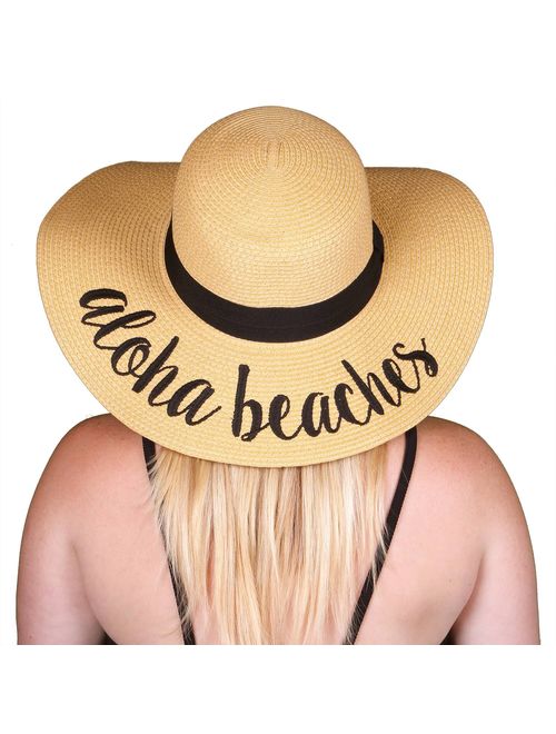 Funky Junque Women's Bold Cursive Embroidered Adjustable Beach Floppy Sun Hat