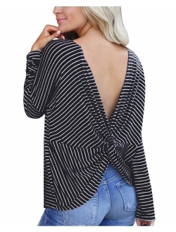 BONESUN Lightweight Sweaters for Women Criss Cross Open Back Shirts Long Sleeve Tunic