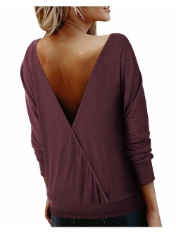 BONESUN Lightweight Sweaters for Women Criss Cross Open Back Shirts Long Sleeve Tunic