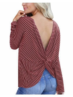 BONESUN Lightweight Sweaters for Women Criss Cross Open Back Shirts Long Sleeve Tunic