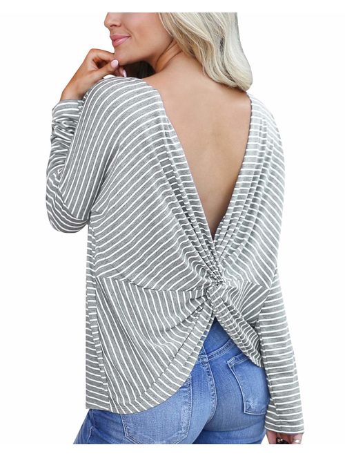 BONESUN Lightweight Sweaters for Women Criss Cross Open Back Shirts Long Sleeve Tunic