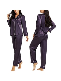 Womens Silk Satin Pajamas Set Button Down Sleepwear Loungewear XS~3XL