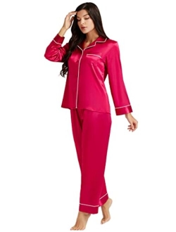 Womens Silk Satin Pajamas Set Button Down Sleepwear Loungewear XS~3XL