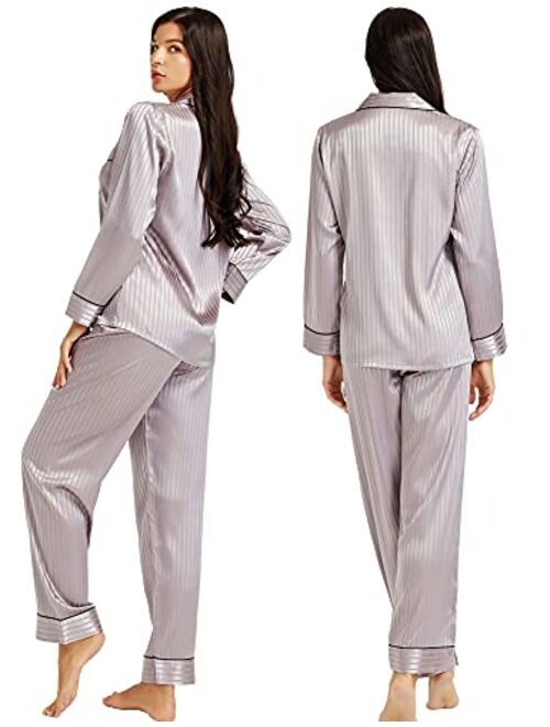 Womens Silk Satin Pajamas Set Button Down Sleepwear Loungewear XS~3XL