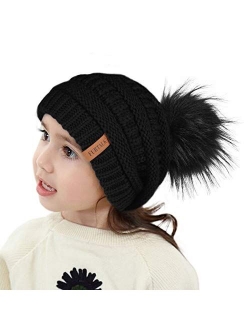 Kids Girls Boys Winter Knit Beanie Hats Faux Fur Pom Pom Hat Bobble Ski Cap Toddler Baby Hats 1-6 Years Old