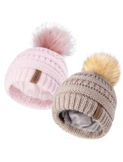 Kids Girls Boys Winter Knit Beanie Hats Faux Fur Pom Pom Hat Bobble Ski Cap Toddler Baby Hats 1-6 Years Old