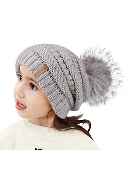 FURTALK Kids Girls Boys Winter Knit Beanie Hats Faux Fur Pom Pom Hat Bobble Ski Cap Toddler Baby Hats 1-6 Years Old