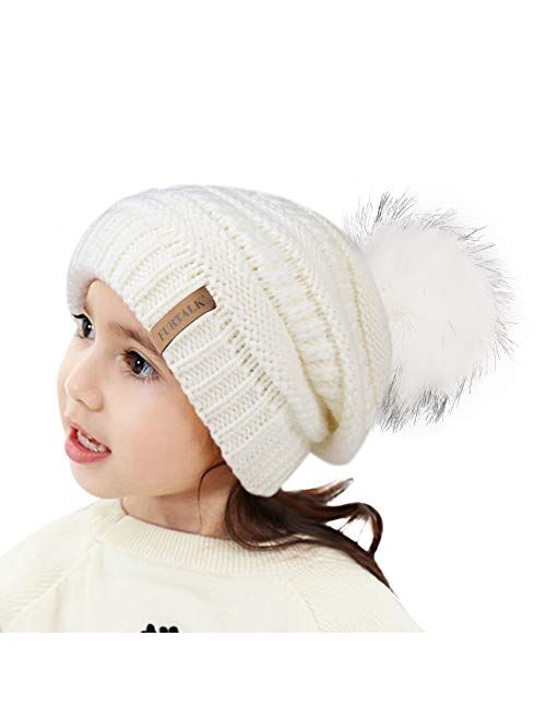 FURTALK Kids Girls Boys Winter Knit Beanie Hats Faux Fur Pom Pom Hat Bobble Ski Cap Toddler Baby Hats 1-6 Years Old