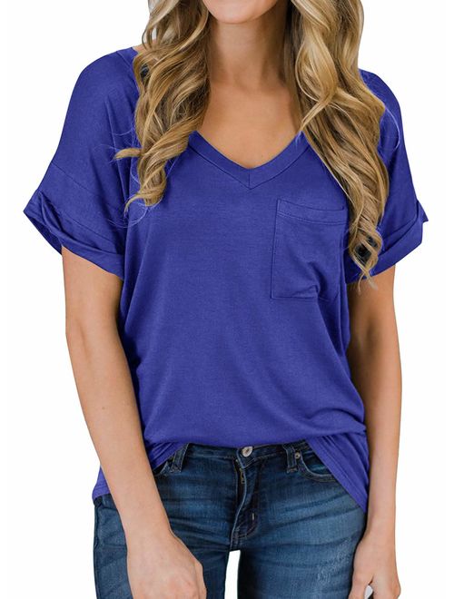 Yidarton Women's Short Sleeve T Shirts V Neck Tunic Tops Loose Tees Front Pockets