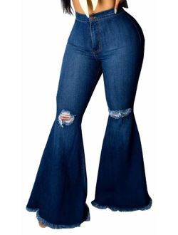 Women's Elastic Ripped Hole Classic Denim Bell Bottom Jeans