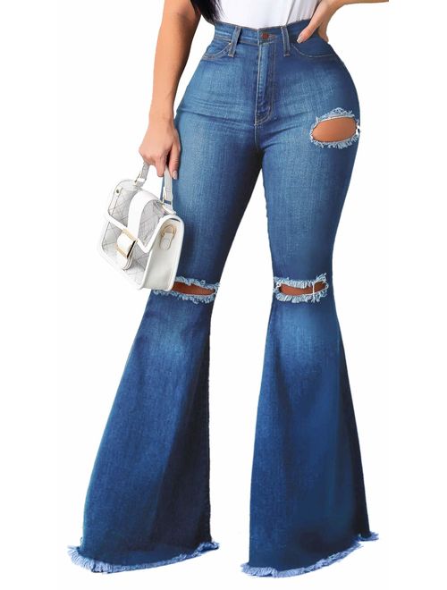 Women's Elastic Ripped Hole Classic Denim Bell Bottom Jeans