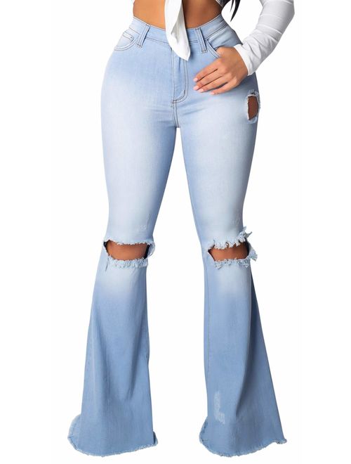 Women's Elastic Ripped Hole Classic Denim Bell Bottom Jeans