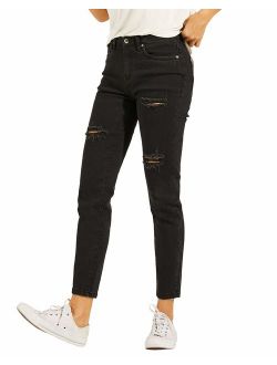 LOLO BLUES Women's Mid Rise Stretch Straight Leg Distressed Ripped Jeans