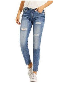 LOLO BLUES Women's Mid Rise Stretch Straight Leg Distressed Ripped Jeans