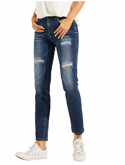 LOLO BLUES Women's Mid Rise Stretch Straight Leg Distressed Ripped Jeans