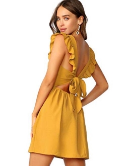 Women's Cute Tie Back Ruffle Strap A Line Fit and Flare Flowy Short Dress