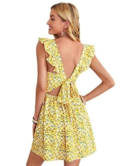 Women's Cute Tie Back Ruffle Strap A Line Fit and Flare Flowy Short Dress