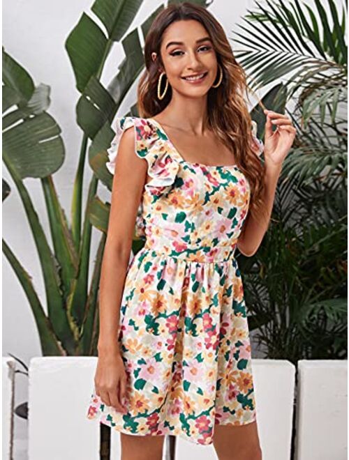 Women's Cute Tie Back Ruffle Strap A Line Fit and Flare Flowy Short Dress 