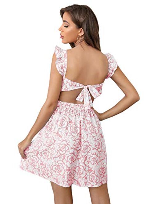 ROMWE Women's Cute Tie Back Ruffle Strap A Line Fit and Flare Flowy Short Dress