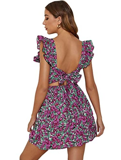 ROMWE Women's Cute Tie Back Ruffle Strap A Line Fit and Flare Flowy Short Dress