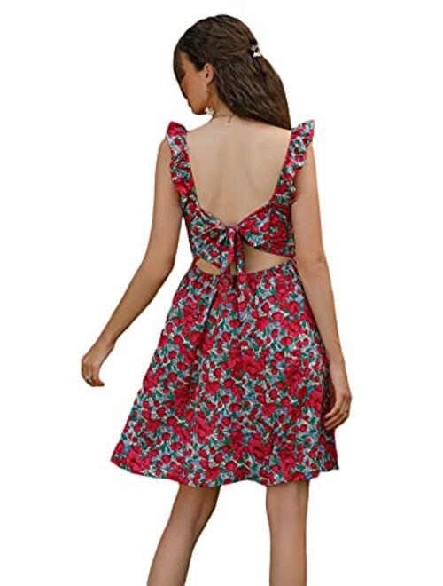 ROMWE Women's Cute Tie Back Ruffle Strap A Line Fit and Flare Flowy Short Dress