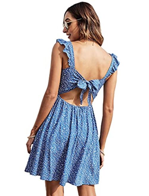 ROMWE Women's Cute Tie Back Ruffle Strap A Line Fit and Flare Flowy Short Dress