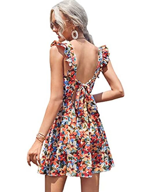 ROMWE Women's Cute Tie Back Ruffle Strap A Line Fit and Flare Flowy Short Dress