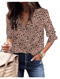 ECOWISH Womens V Neck Leopard Casual Print Tunic Long Sleeve Button Down Shirt Tops