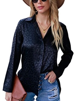 ECOWISH Womens V Neck Leopard Casual Print Tunic Long Sleeve Button Down Shirt Tops