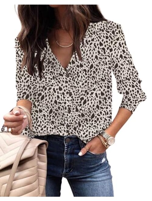 ECOWISH Womens V Neck Leopard Casual Print Tunic Long Sleeve Button Down Shirt Tops