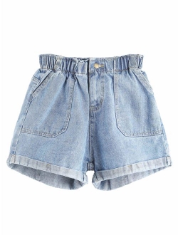 Women's Casual High Waisted Hemming Denim Jean Shorts with Pockets