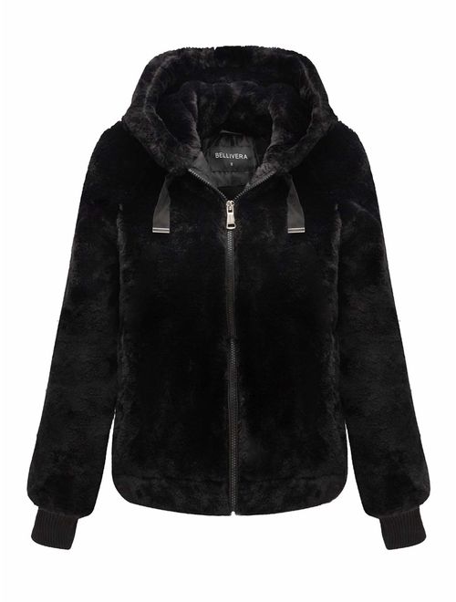 Bellivera Women's Faux Fur Coat with 2 Side-Seam Pockets, The Fuzzy Jacket with Hood, for Spring Fall and Winter