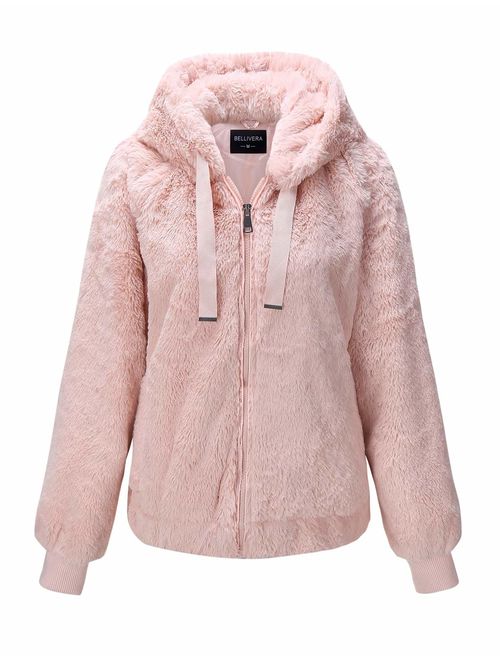 Bellivera Women's Faux Fur Coat with 2 Side-Seam Pockets, The Fuzzy Jacket with Hood, for Spring Fall and Winter