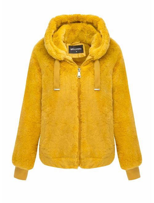 Bellivera Women's Faux Fur Coat with 2 Side-Seam Pockets, The Fuzzy Jacket with Hood, for Spring Fall and Winter