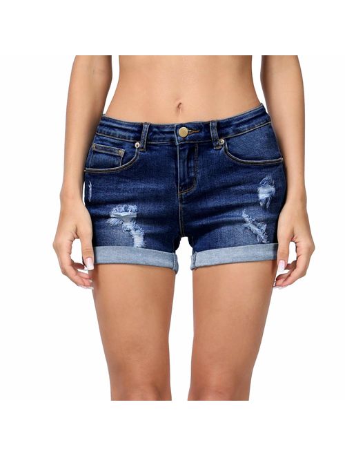 HOCAIES Women's Juniors Mid Rise Jean Shorts Folded Hem Denim Shorts for Women