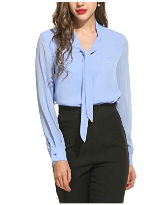 ACEVOG Womens Bow Tie Neck Long/Short Sleeve Casual Office Work Chiffon Blouse Shirts Tops