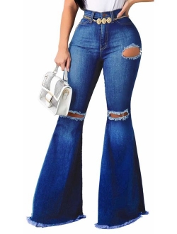 Skinny Ripped Bell Bottom Jeans for Women Classic High Waisted Flared Jean Pants