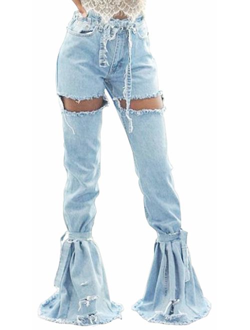 SeNight Women Bell Bottom Jeans Elastic Waist Ripped Flared Jean Destroyed Raw Hem Denim Pants