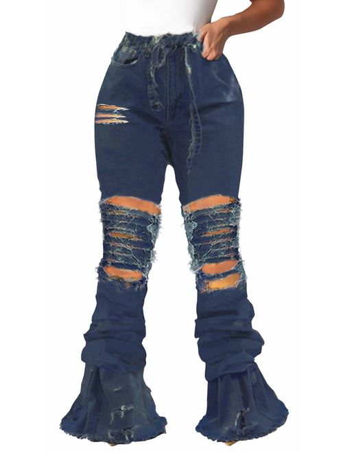 SeNight Women Bell Bottom Jeans Elastic Waist Ripped Flared Jean Destroyed Raw Hem Denim Pants