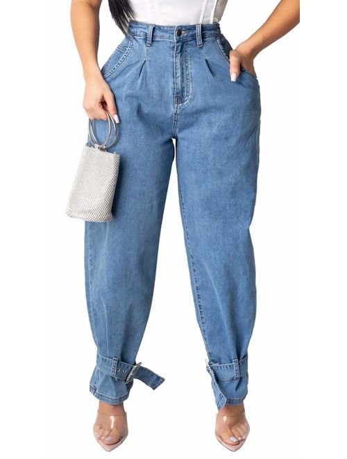 SeNight Women Bell Bottom Jeans Elastic Waist Ripped Flared Jean Destroyed Raw Hem Denim Pants