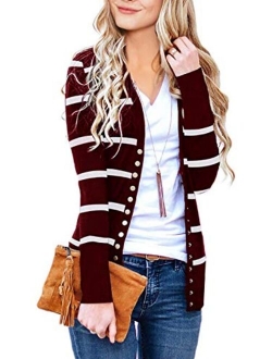 Women's Long Sleeve Snap Button Down Solid Color Knit Ribbed Neckline Cardigans