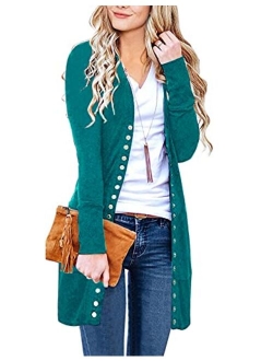 Women's Long Sleeve Snap Button Down Solid Color Knit Ribbed Neckline Cardigans