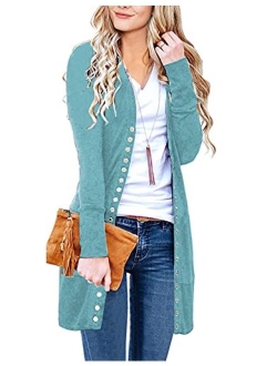 Women's Long Sleeve Snap Button Down Solid Color Knit Ribbed Neckline Cardigans