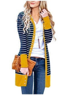 Women's Long Sleeve Snap Button Down Solid Color Knit Ribbed Neckline Cardigans