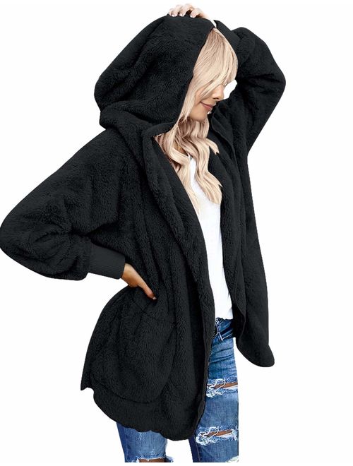 LookbookStore Women's Oversized Open Front Hooded Draped Pockets Cardigan Coat