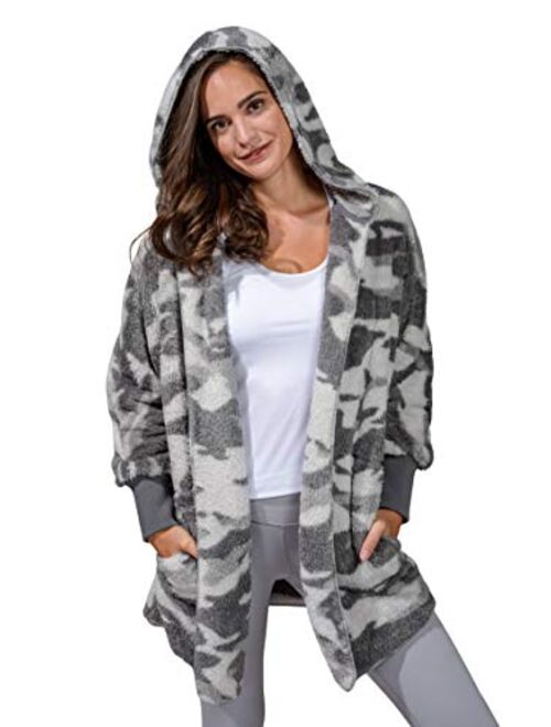 90 Degree By Reflex Warm and Fuzzy Fleece Teddy Cardigan Sherpa Jacket with Hood and Front Pockets