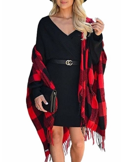 VIMPUNEC Women Boho Buffalo Plaid Poncho Pashmina Shawl Wrap Cape Sweater Knitting Cardigan with Tassel