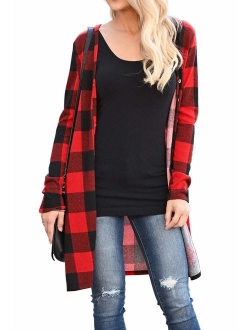 LACOZY Women's Open Front Long Knit Cardigan Draped Snap Buffalo Plaid Shirt Kimono Cardigan Sweater