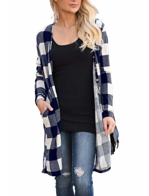 LACOZY Women's Open Front Long Knit Cardigan Draped Snap Buffalo Plaid Shirt Kimono Cardigan Sweater