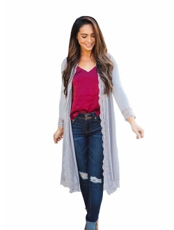 Tickled Teal Women's 3/4 Sleeve Lace Trim Casual Wrap Cardigan Coverup Outerwear Sweater